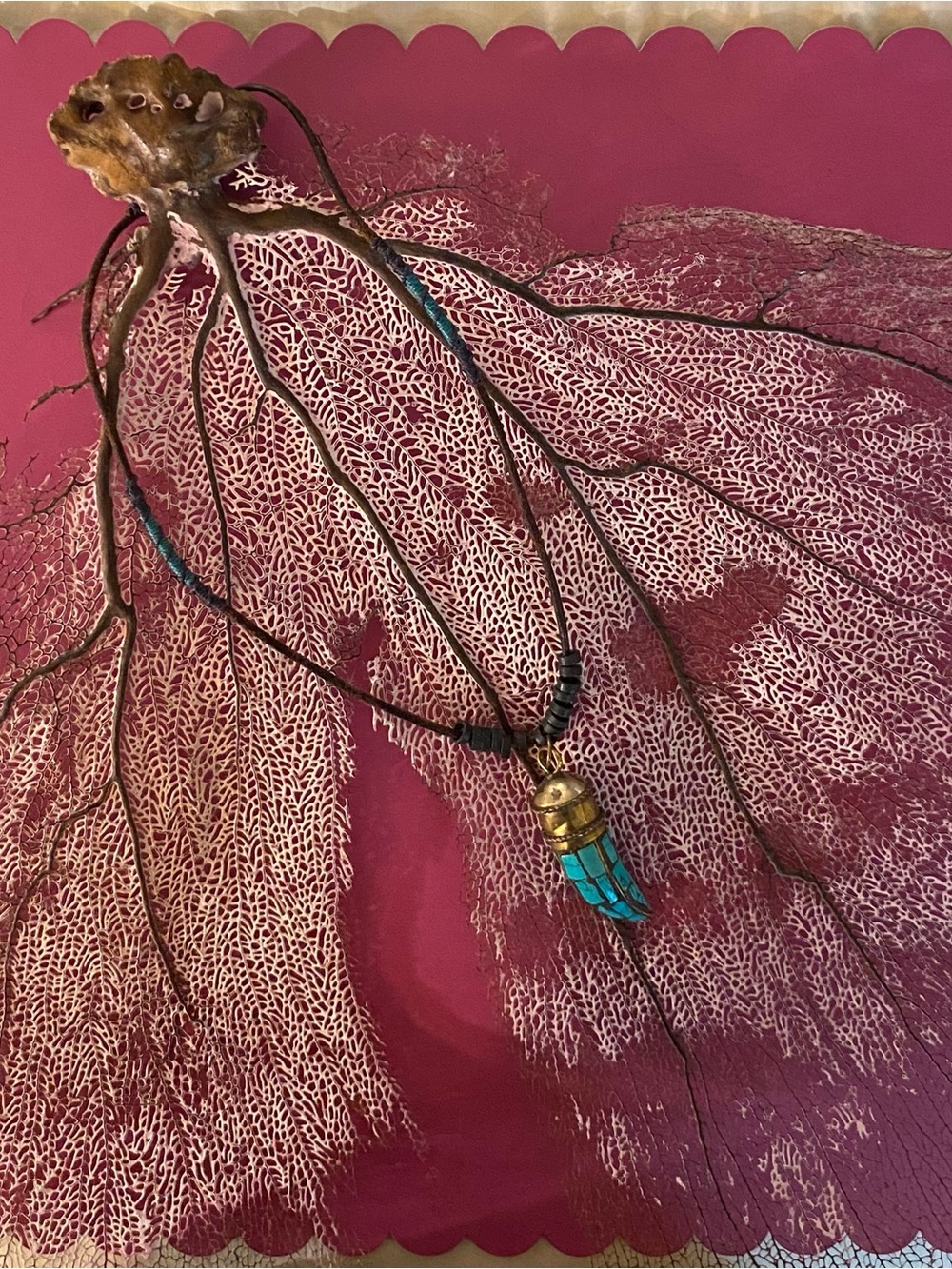 Turquoise Horn Pendant Necklace with Brass Accent -